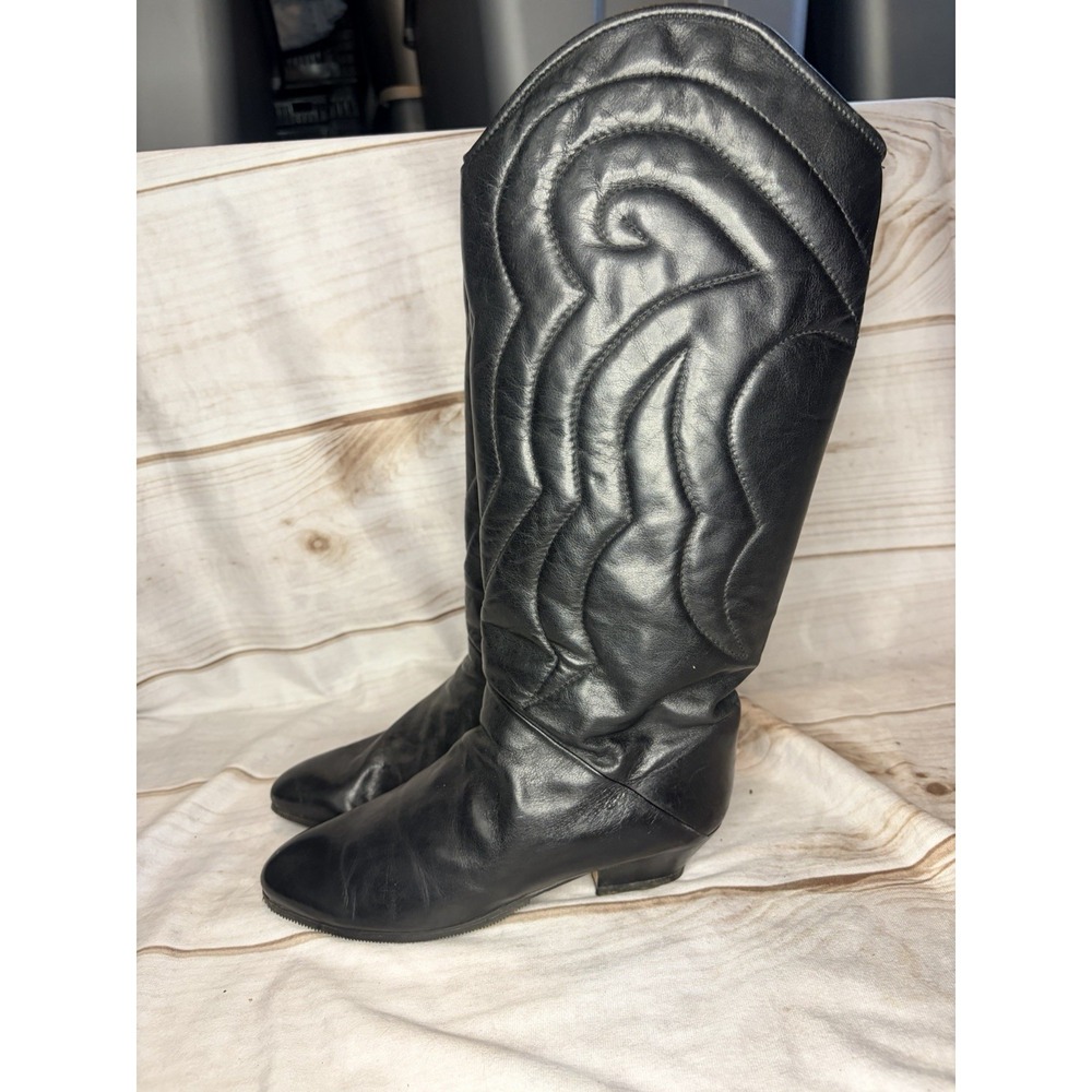 Vintage 80s Black Quilted Leather Western Boots Italy‎ 7.5R